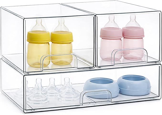 Bottle Storage Organizer Baby, Clear Stackable Storage Drawers Set for Baby Bottle, Beauty Supplies Storage, Ideal for Countertop, Vanity, Bathroom, Cabinet, Pantry Organization (7.8"H, 3 Pack)
