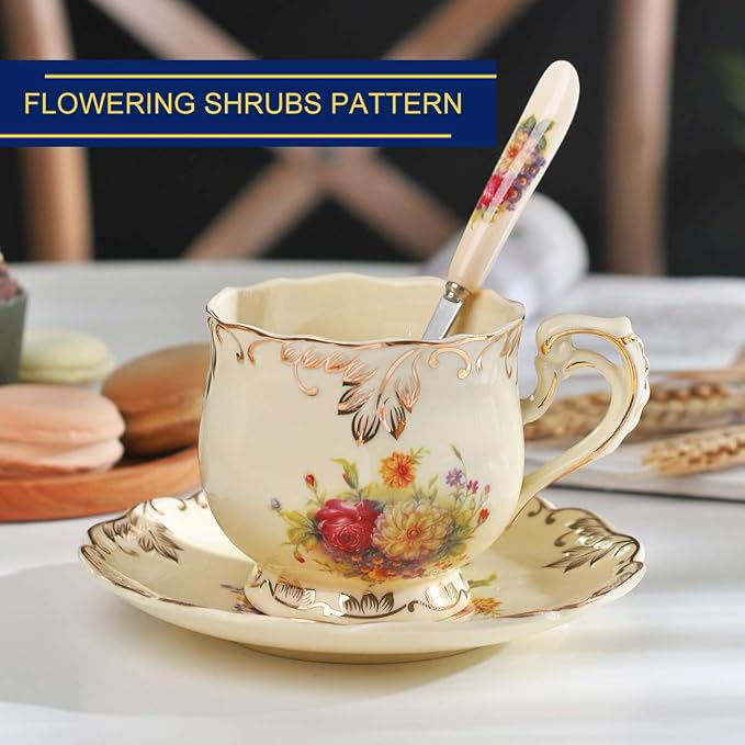 YOLIFE Tea Cup and Saucer Set of 2, 8 oz Vintage Ivory Porcelain Tea Cups Set with Stand, Teacup Saucer Set - Flowering Shrubs with Gold Leaves