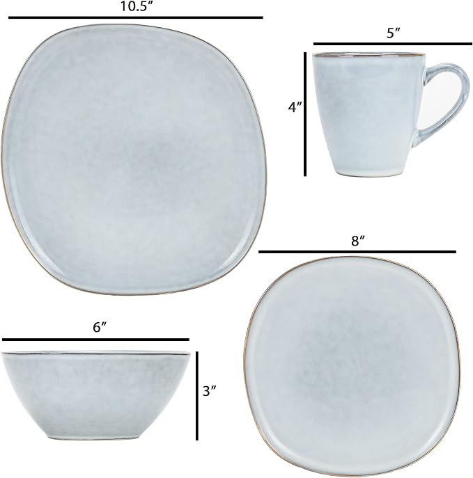Elanze Designs 16-Piece Modern Luxury Chic Smooth Vintage Handmade Shape High Gloss Ceramic Stoneware Square Plate Mug & Bowl Kitchen Dinnerware 16 Piece Set - Service for 4, Ice Blue