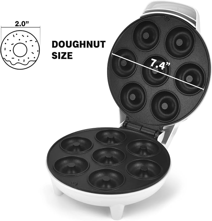 DSP Mini Donut Maker - Non-Stick, 7 Donuts, Cool-Touch | Quick 3-Min Baking, Indicator Lights, Easy Wipe-Clean, Breakfast/Snacks/Desserts