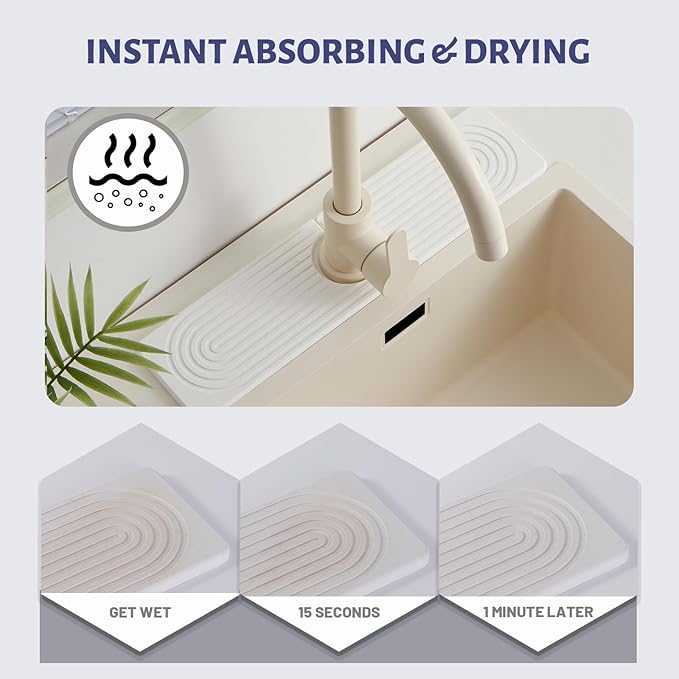 Stone Faucet Mat for Kitchen Sink, Faucet Mat Fast Drying Diatomite, Sink Splash Guard Water Absorbing Stone Tray for Sink, Counter Protector for Kitchen & Bathroom