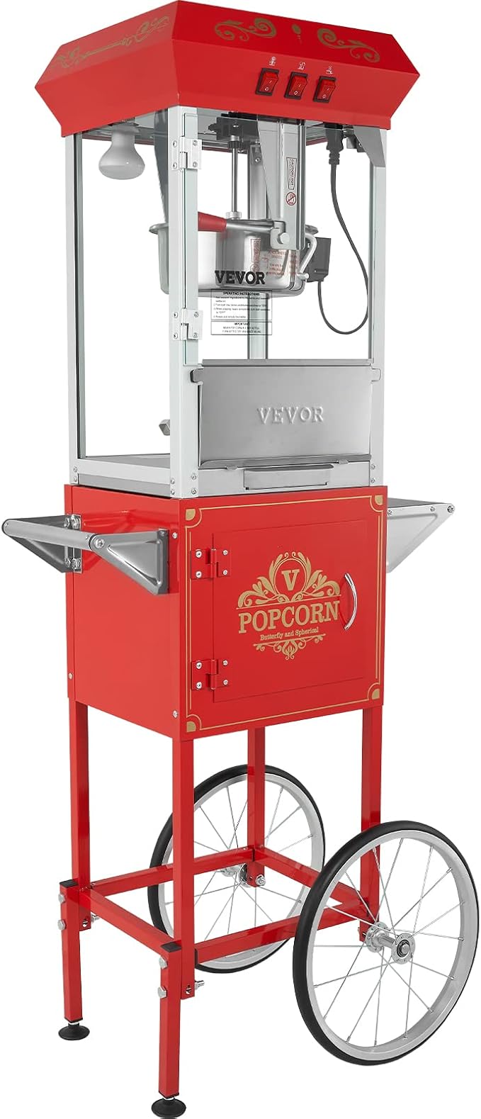 VEVOR Commercial Popcorn Machine, 8 Oz Kettle, 850 W Popcorn Maker on Wheels for 48 Cups per Batch, Theater Style Popper with 3-Switch Control Steel Frame Tempered Glass Doors Cart 1 Scoop 2 Spoons | 850W Theater Style Popper, On Wheels, 48 Cups per Ba...