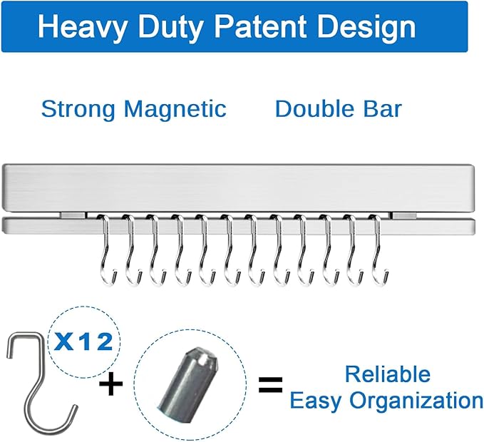 17 Inch Magnetic Knife Holder for Wall No Drill/Drill with 12 Hooks-Strong Adhesive Double Bar Knife Magnetic Strip-Kitchen Utensil Holder-304 Stainless Steel Magnetic Knife Block