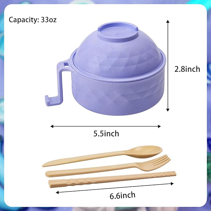 2 Sets Microwave Ramen Bowl 40 oz Wheat Fiber Portable Instant Noodle Cooker Bowl with Handles Strainer Spoon Chopstick Fork College Dorm Room Apartment Essentials(Pink, Purple)