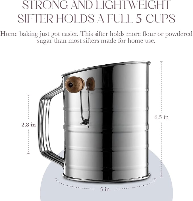 Bellemain 5 Cup Flour Sifter for Baking Fine Mesh Rotary Hand Crank with Loop Agitator for Quick Sifting, Flour Sifter Stainlees Steel