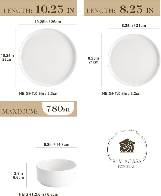MALACASA 18 Pieces Porcelain Dinnerware Set, Modern White Dish Set for 6, Premium Serving Plates and Bowls Sets, Chip and Scratch Resistant Dishware Sets Kitchen Dishes Dining Ware Set, Series LEAH