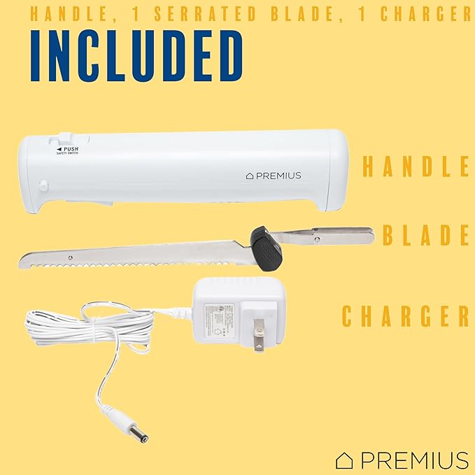Professional Cordless Rechargeable Easy-Slice Electric Knife, Reciprocating Serrated Stainless-Steel Blades, Safety-Lock Trigger Release, Carving Meats, Turkey, Breads, Fruit, Crafting Foam, White