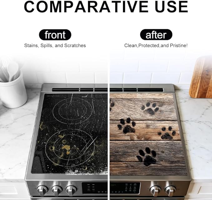 Stove Top Cover for Electric Stove 28.35 x 20.47 Inch Non Slip Stove Mat Rustic Paw Print Glass Cooktop Protector Kitchen Counter Mat
