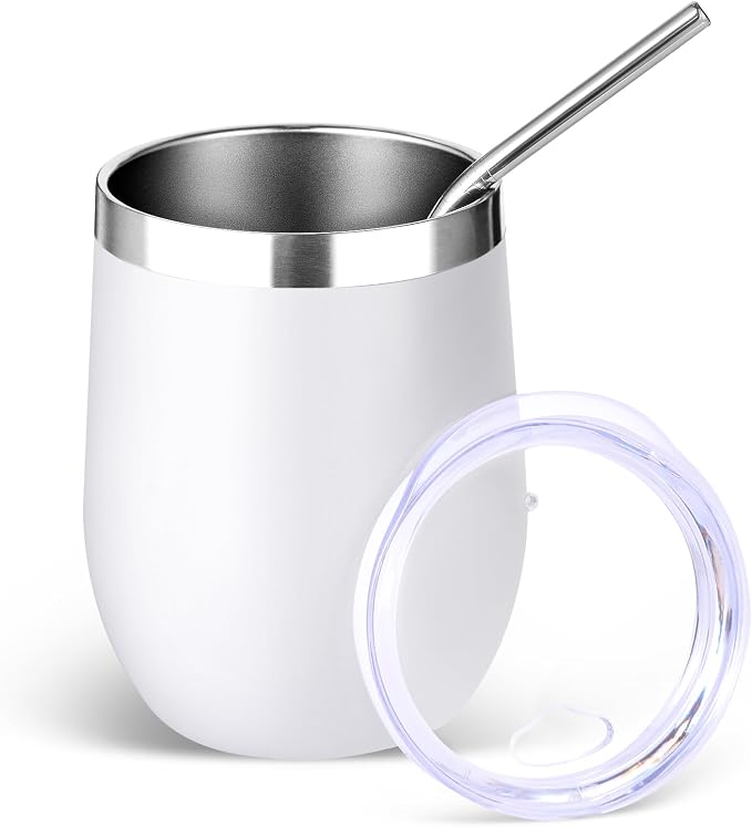 Volhoply 12oz Stainless Steel Wine Tumbler with Lid and Straw,Double Wall Vacuum Insulated Stemless Wine Glasses,Reusable Travel Coffee Mug for Cold Drinks,Small Tumblers Gifts for Women（White,1 Set）