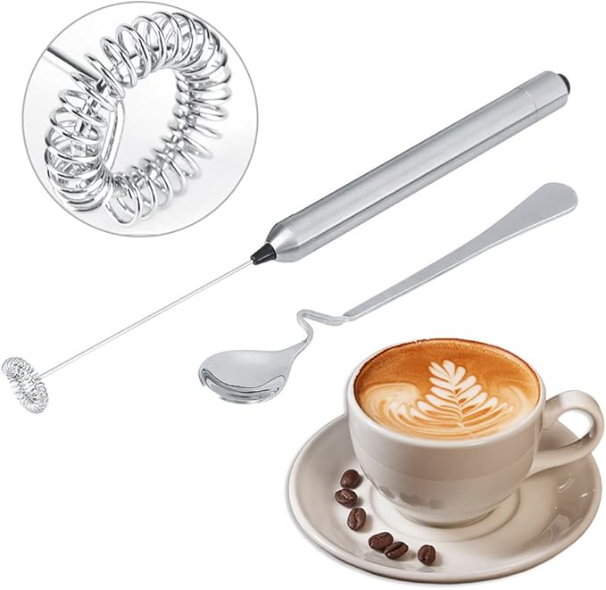 Kitchen Stainless Steel Handheld Milk Frother, Milk Fr Handheld Battery Operated Electric Foam Maker Coffee Milk Frother, Handheld Milk Fr With Spoon