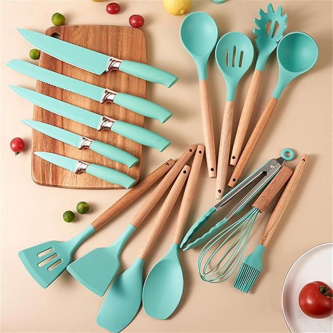 Kitchen Utensil and Knife Set with Storage, 19 in 1 Set with 11 Piece Silicone Cooking Utensils, 5 Pcs Sharp Stainless Steel Chef Knives Scissors Whisk Tongs and Cutting Board Teal