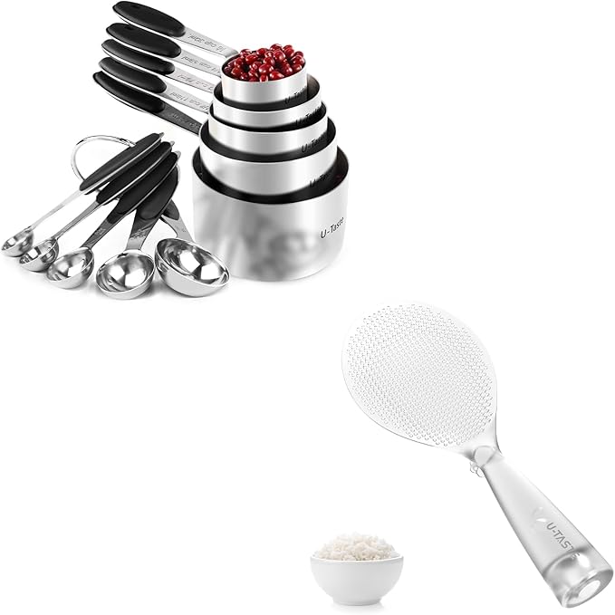 U-Taste 18/8 Stainless Steel Measuring Cups and Spoons Set of 10 (Black) and 329°F Heat Resistant Rice Spoon Paddle Scooper (Transparent)