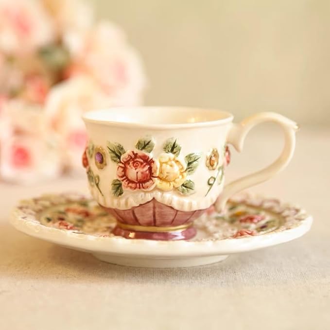 Ceramic Coffee Mug and Saucer Set for Women, Vitorian Hand-painted Rose Flower Tea Cup - 3oz(Red)