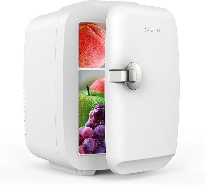 CROWNFUL Mini Fridge, 4 Liter/6 Can Portable Cooler and Warmer Personal Refrigerator for Skin Care, Cosmetics, Beverage, Food,Great for Bedroom, Office, Car, Dorm, ETL Listed (White)