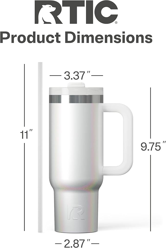 RTIC 30 oz Road Trip Tumbler Double-Walled Ceramic Lined InsulatedStainless Steel Portable Travel Coffee Mug Cup with Lid, Handle and Straw, White Glitter