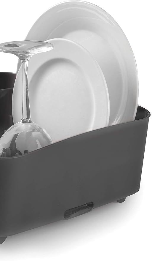 Umbra Tub Dish Drying Rack – Lightweight Self-Draining Dish Rack for Kitchen Sink and Counter at Home, RV or Motorhome, Smoke, Black (330590-582)