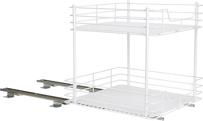 Household Essentials 2-Tier Sliding Pantry Organizer, 16.73" H x 15.35" W x 16.14" D, Strong Powder-Coated Steel Frame, Durable and Versatile, Easy Installation, Mounting Hardware Included, White