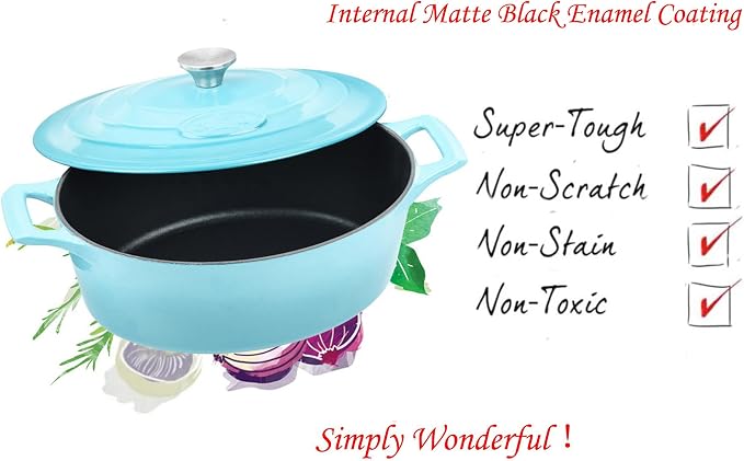 La Cuisine Enameled Cast Iron Oval Dutch Oven Casserole Pot with Lid, 6.75 QT Internal Matte Black Enamel for bread baking, 2-ton Teal Enamel Coating Finish Exterior, Oven Safe up to 480° F