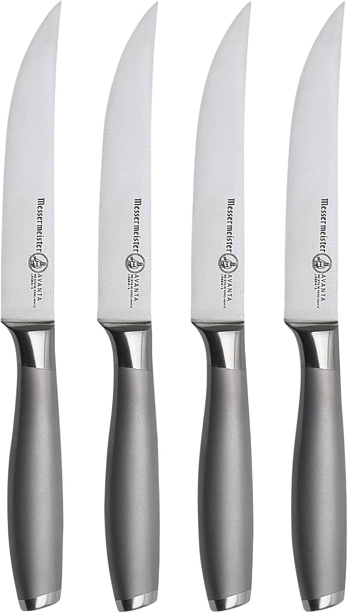 Messermeister Avanta Forged 5” Fine Edge Steak Knife Set - German X50 Stainless Steel - Rust Resistant & Easy to Maintain - Includes 4 Steak Knives