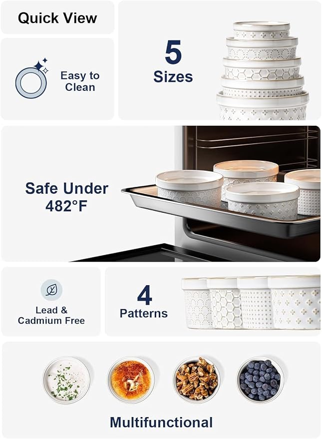 LE TAUCI Ramekins 12 oz, Ramiken for Creme Brulee, Souffle, Dipping Sauce, Ceramic Embossment Housewaming Present -4.8 inch, Set of 4, Arctic White