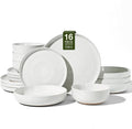 16-Piece Stoneware Dinnerware Sets for 4 with Pasta Bowls – Speckled Glaze with Spiral Design, Coupe Plates and Bowls - Chip & Scratch Resistant, Microwave & Dishwasher Safe, White