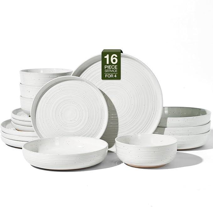 16-Piece Stoneware Dinnerware Sets for 4 with Pasta Bowls – Speckled Glaze with Spiral Design, Coupe Plates and Bowls - Chip & Scratch Resistant, Microwave & Dishwasher Safe, White