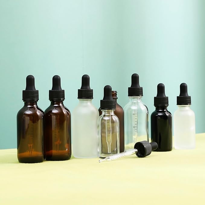 NOOEEISS 24 Pack, 2oz Glass Dropper Bottle, Preety Texture Tincture Bottles with Precise Scales Eye Droppe, for All Kinds Of Mixed Liquids,Leak-Proof Design for Easy Travel (Clear Frosted)
