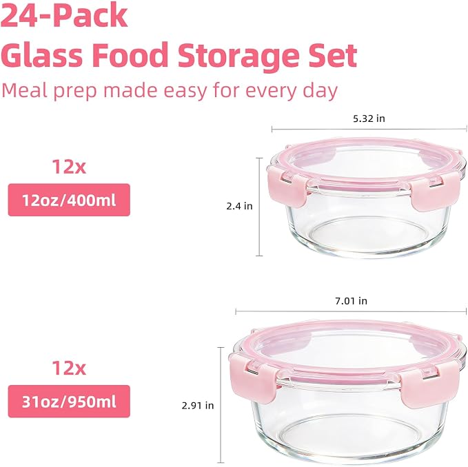 Konokyo Round Glass Food Storage Containers with Lids, 24 Pack Airtight Leakproof Meal Prep Containers, BPA-Free, Microwave Oven Freezer & Dishwasher Safe, Assorted Sizes