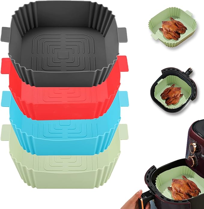 200Pcs Air Fryer Liners Disposable,LYHOLKEER 8inch Round Air Fryer Paper Liners for 5 5.5 6 6.5 7 7.5 8QT Air Fryer and 4Pcs Square Air Fryer Silicone Liners Reusable for 3-6 qt,Parchment Paper
