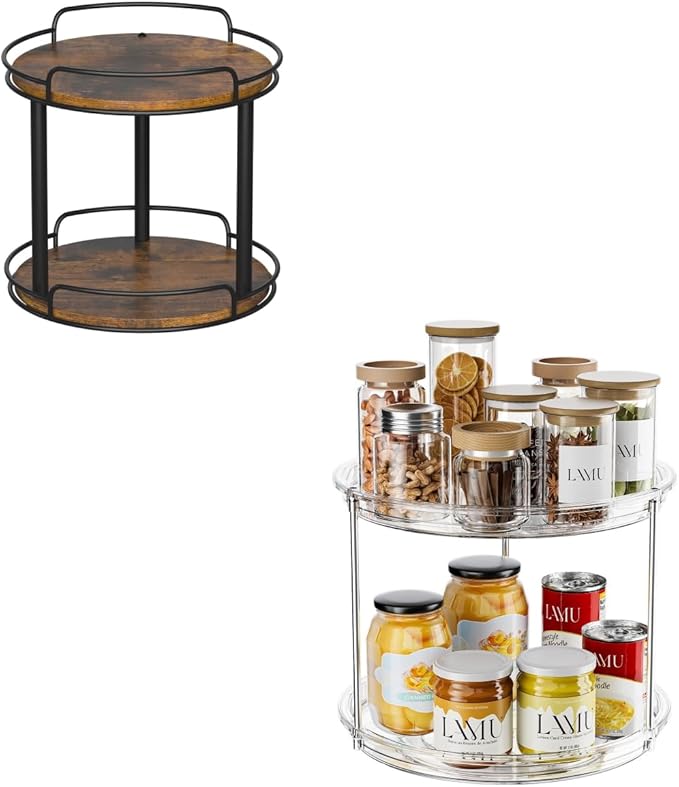 LAMU 2 Tier 9'' Lazy Susan and 10.2'' Wood Lazy Susan Turntable Organizer for Cabinet