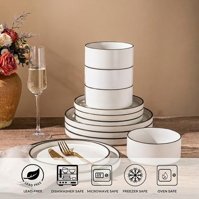 LERATIO Ceramic Dinnerware Sets for 6, High Edge Stoneware Plates and Bowls Set, Chip and Crack Resistant | Oven & Dishwasher & Microwave Safe Dishes Set, Service for 6 -Creamly White