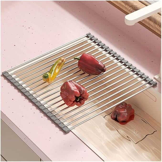 Over The Sink Roll Up Dish Drying Rack for Kitchen Counter, Folding Rolling Dish Over Sink Mat, Foldable Drainer Stainless Steel Rack Kitchen Organization(Gray,47x24cm/18.5x9.4in)