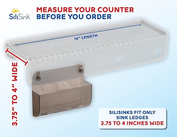 SiliProducts SiliSink Silicone Edge Guard for Kitchen Sink - Fits 3.75” - 4” Wide - The Original Silicone Sink Edge Protector with Sponge Caddy - Splash Guard, 14” Frosted Matte
