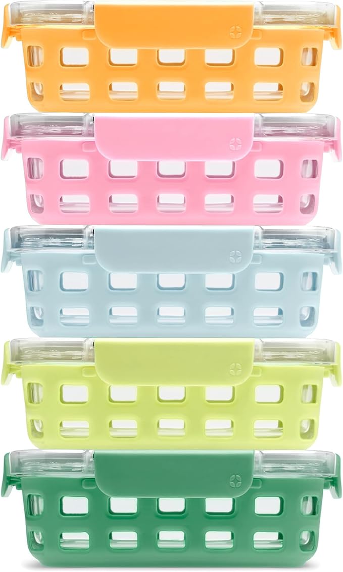 Ello Duraglass 3.4 Cup Meal Prep Sets 10Pc, 5 Pack Set- Glass Food Storage Container with Silicone Sleeve and Airtight BPA-Free Plastic Lids, Dishwasher, Microwave, and Freezer Safe, Meadow