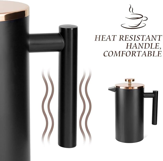 Miuly 12oz French Press for One Person, Small Coffee Press 350ml with 2 Filter Mesh, Double Wall Insulated French Press for Travel, Black