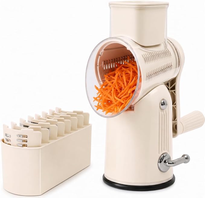 5 in 1 Rotary Cheese Grater with Hand Crank, 5 Replaceable Blades, Strong Suction Base, Multi-Functional Vegetable Slicer Shredder Chopper with Blade Storage Box for Fruit Vegetables Nuts (Beige)