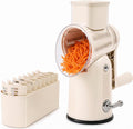 5 in 1 Rotary Cheese Grater with Hand Crank, 5 Replaceable Blades, Strong Suction Base, Multi-Functional Vegetable Slicer Shredder Chopper with Blade Storage Box for Fruit Vegetables Nuts (Beige)