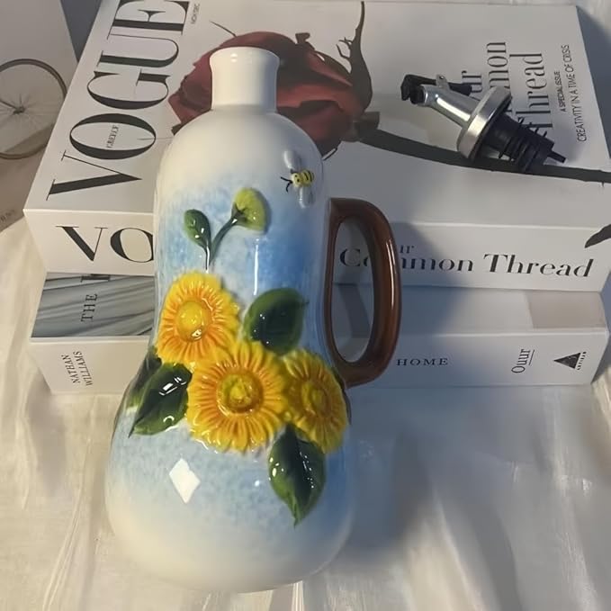 18.26oz/540ml Decorative Olive Oil Dispenser Bottle for Kitchen,Hand Painted Relief Ceramic Olive Oil Bottle,Ceramic Oil Container (B-Sunflower)