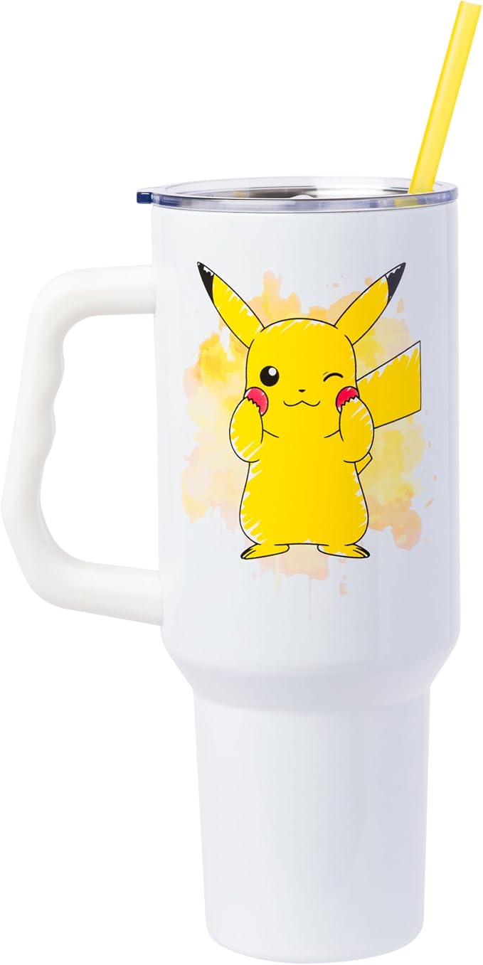 Silver Buffalo Pokémon Featuring Pikachu Double Walled Stainless Steel Tumbler with Handle, Fits in Standard Cup Holder, 40 Ounces