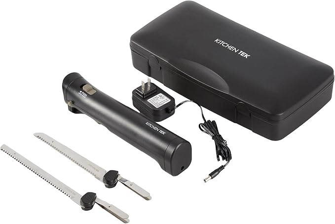 Restaurantware-Kitchen Tek Electric Knife Set, 1 Electric Knife With Motorized Handle - Includes 1 Bread and 1 Carving Tool, 1 Case, Black Plastic Food Cutter With Stainless Steel Blades