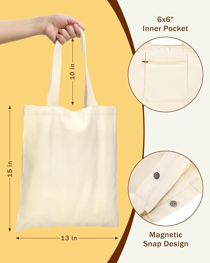 Lzerking Canvas Tote Bag Bulk with Pocket and Magnetic Snaps Buttons, 24 Pack 13x15 Inches Sublimation Tote Bags for DIY, Promotion, Advertising, Activity, Gift