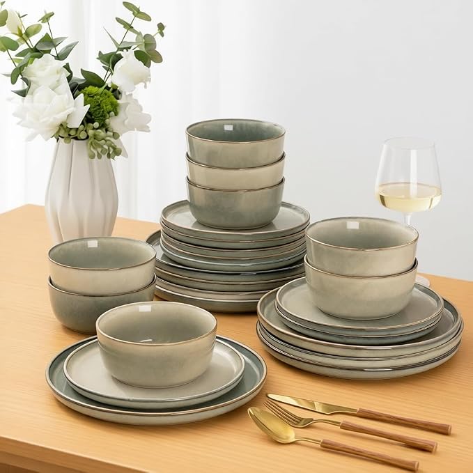 AmorArc Stoneware Dinnerware Sets,Round Reactive Glaze Ceramic Plates and Bowls Set,Highly Scratch Resistant | Dishwasher & Microwave Safe Dishes,Service for 6 (18pc)