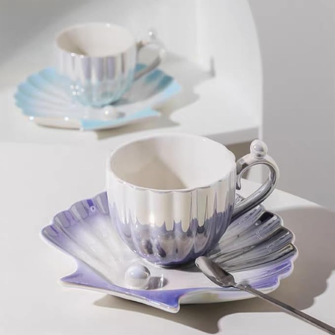 Pearl Shell Cup and Saucer - 8oz Gradient Ceramic Coffee Mug, Vintage Tea Cup, Cappuccino Cup, Latte Art Cup for for Afternoon Tea, Birthday Gift (PURPLE)