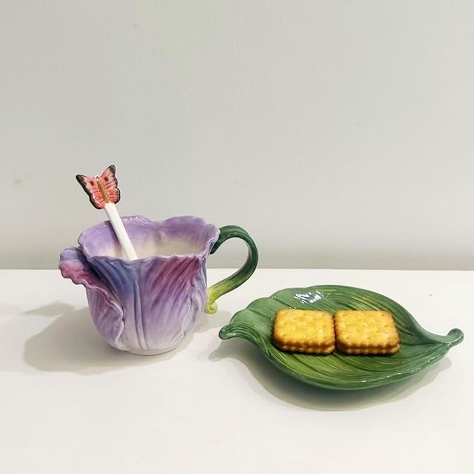 Ceramic Tea Cup and Saucer Set ，8OZ 3D Hand-Painted Flower Coffee Mug，Gift for Women -Pinkish Purple