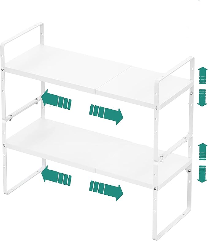 SUZLON Expandable Cabinet Shelf Organizer Rack, Stackable Kitchen Counter Storage Shelves Stand, Adjustable Height Pantry Shelf Spice Rack, Heavy Duty Nonslip White Large 2Pack