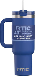 RTIC 40 oz Road Trip Tumbler Double-Walled Cermaic Lined Insulated Stainless Steel Portable Travel Coffee Mug Cup with Lid, Handle and Straw, Cobalt