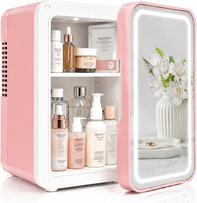 4 L / 6 Cans mini skincare fridge with Dimmable LED Light Mirror, Mini Fridge for Skin Care, Cosmetics, Beverage, Beauty Fridge for College Dorm, Office, Home, Car, Travel cooler and warmer (pink)