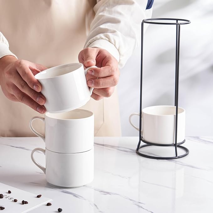 10oz Stackable Coffee Mugs Set of 4 with Stand, White Ceramic Coffee Cups Set for Cappuccino, Latte, Tea, Milk, Housewarming Gift
