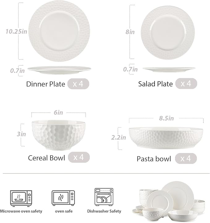 16-Piece Ceramic Dinnerware Set for 4, Water Cube Texture Dishes and Plates Sets, Includes Deep Pasta Bowls, Plates and Bowls, Minimalist High-Temperature Reinforced Porcelain, White
