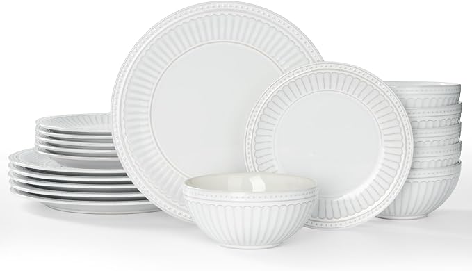 Famiware Garden 18-Piece Embossed Plates and Bowls Sets, Stoneware Reactive Glaze Dishes Dinnerware Set, Modern Rustic, Chip & Scratch Resistant, Microwave & Dishwasher Safe, Service for 6, White